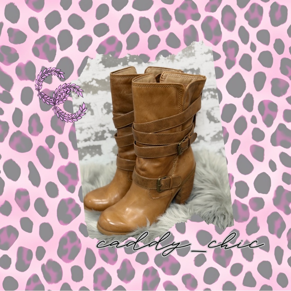 Jessica Simpson Tylera Boots Caramel Size 9.5 – HTF EUC Strap & Buckle